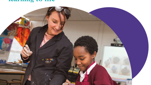 Front cover of Artsmark booklet with an art teacher pointing something out to a pupil